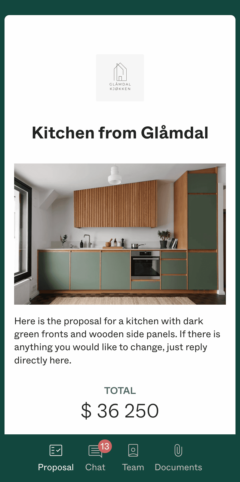 Dealight proposal editor with interior design line items
