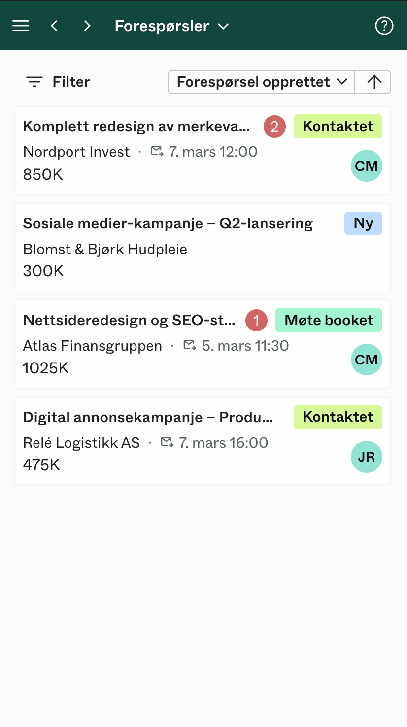 Dealight inbox with incoming inquiries from potential clients