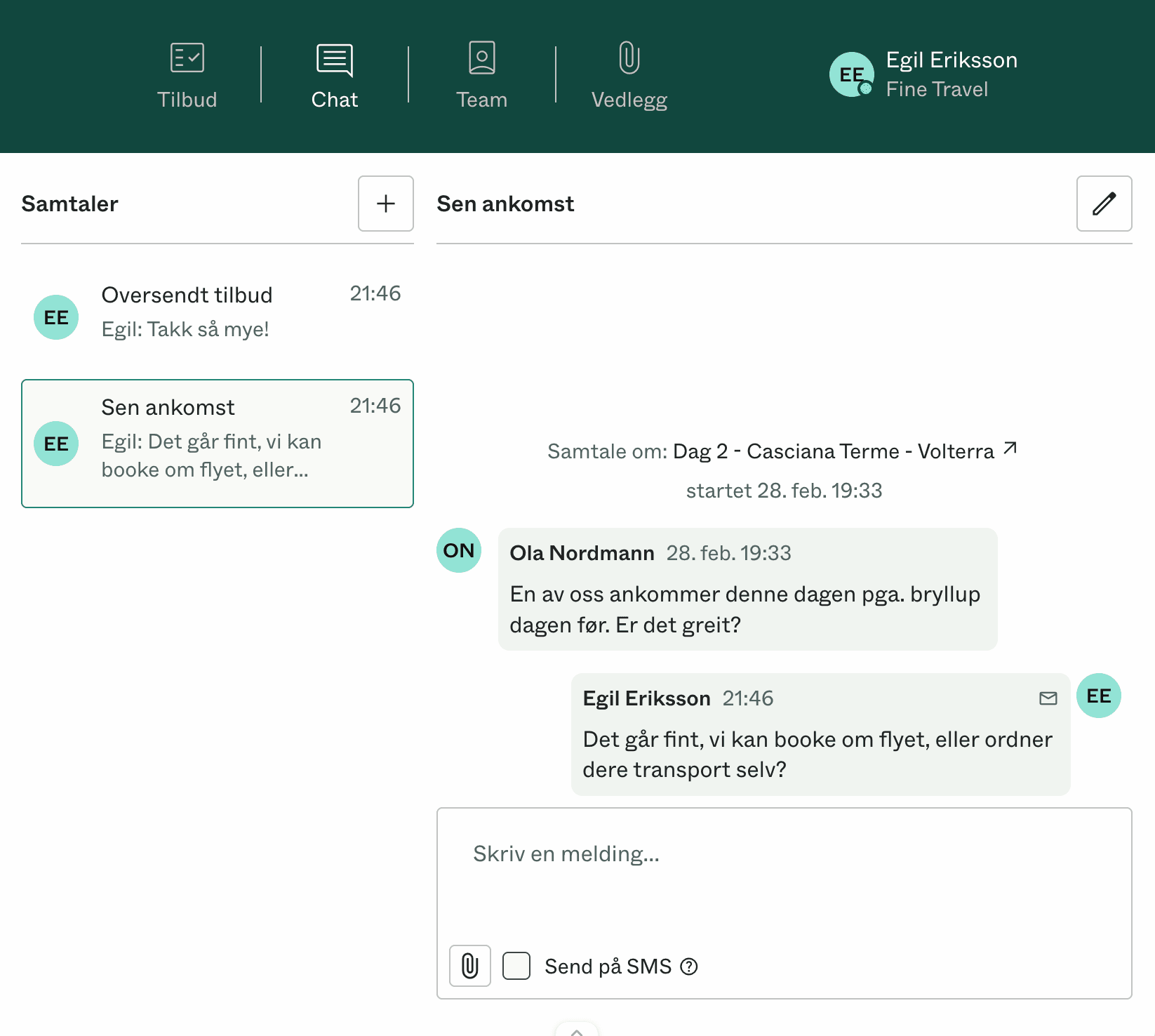 Client communication in Dealight with event and travel details